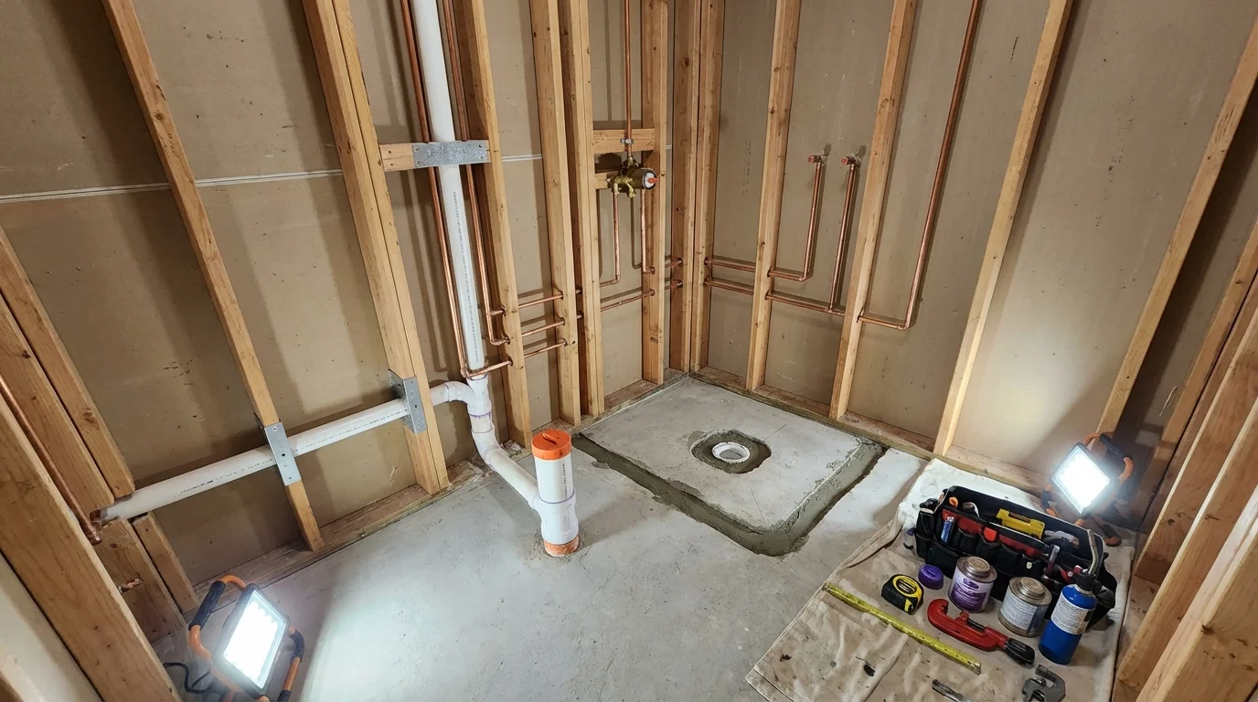 Bathroom rough-in plumbing during remodel by Johns Plumbing LLC in Buckfield