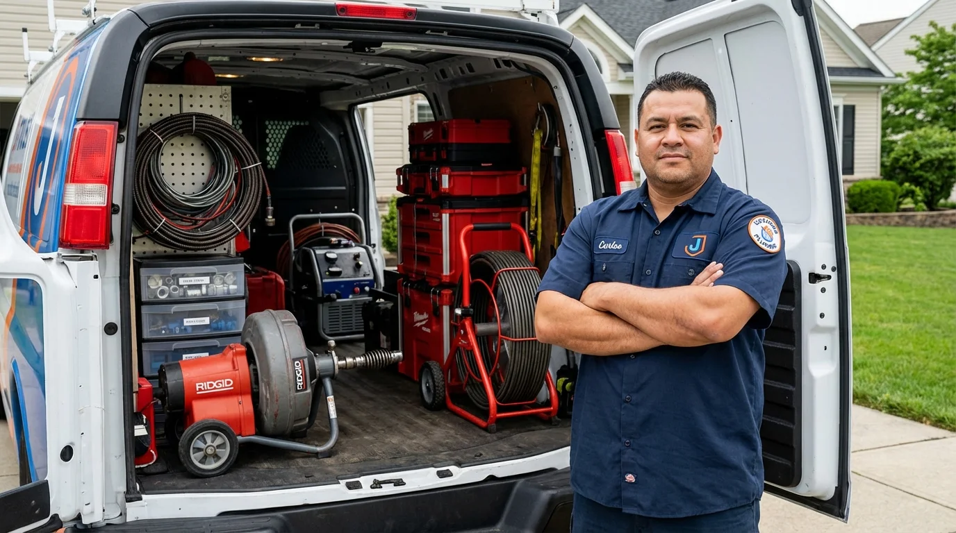 Professional drain cleaning equipment and Johns Plumbing LLC plumber in Buckfield
