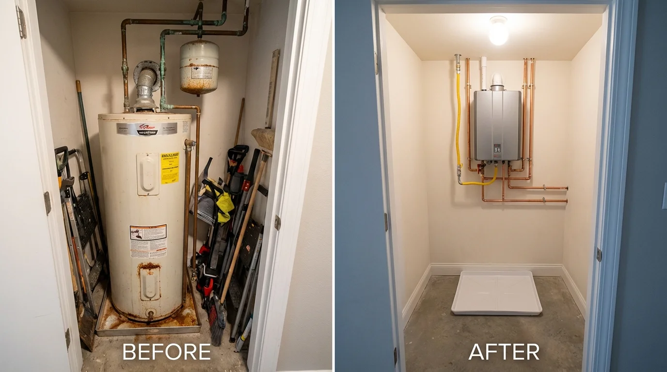 Tank water heater versus wall-mounted tankless unit comparison for Buckfield, ME homeowners
