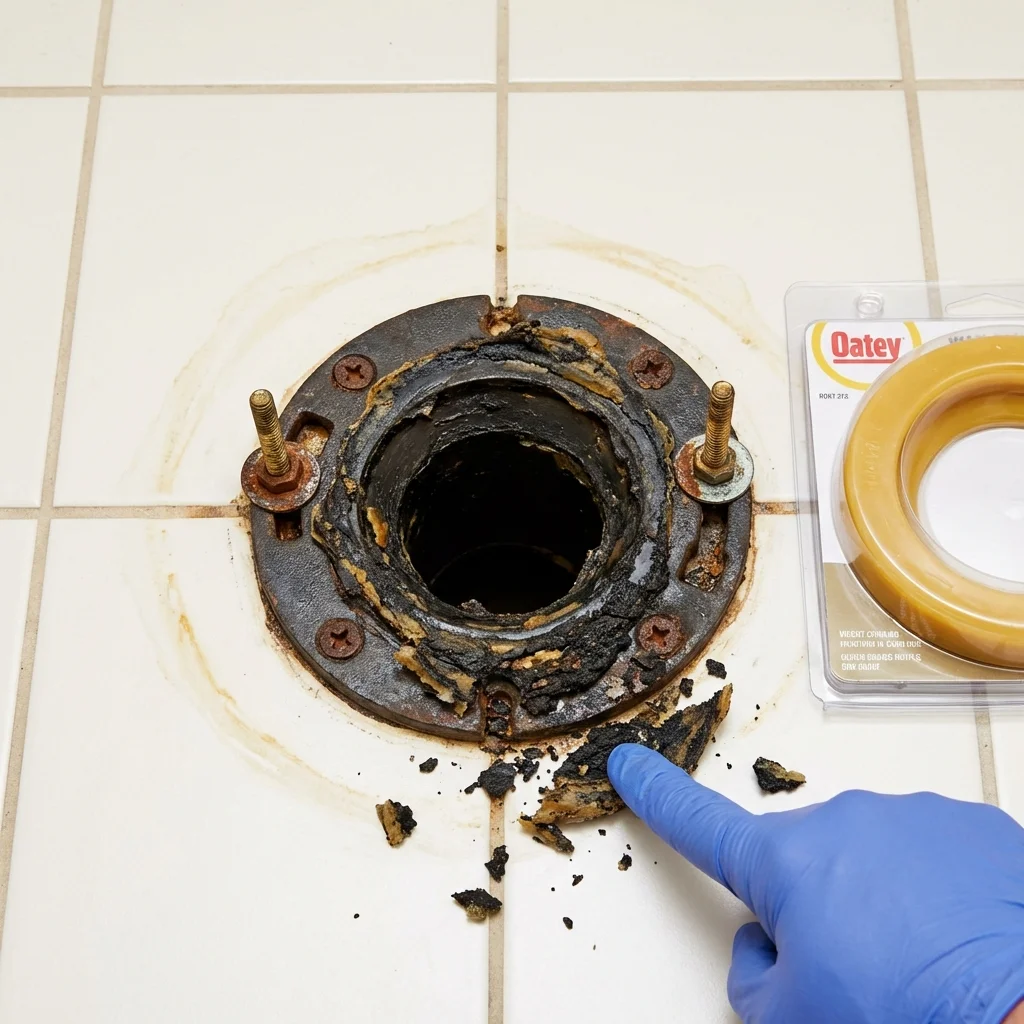 Failed wax ring showing water seepage at the base of a toilet in a Buckfield, ME home